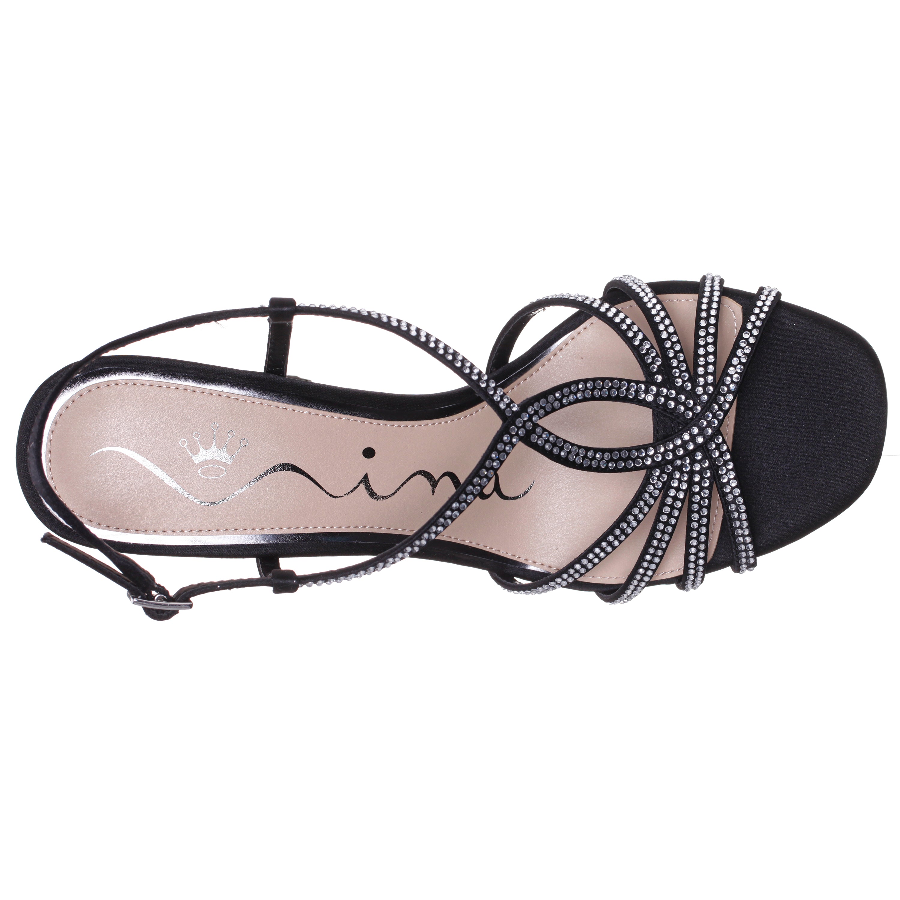 Womens Summer Black Satin with Crystals Block-Heel Slingback