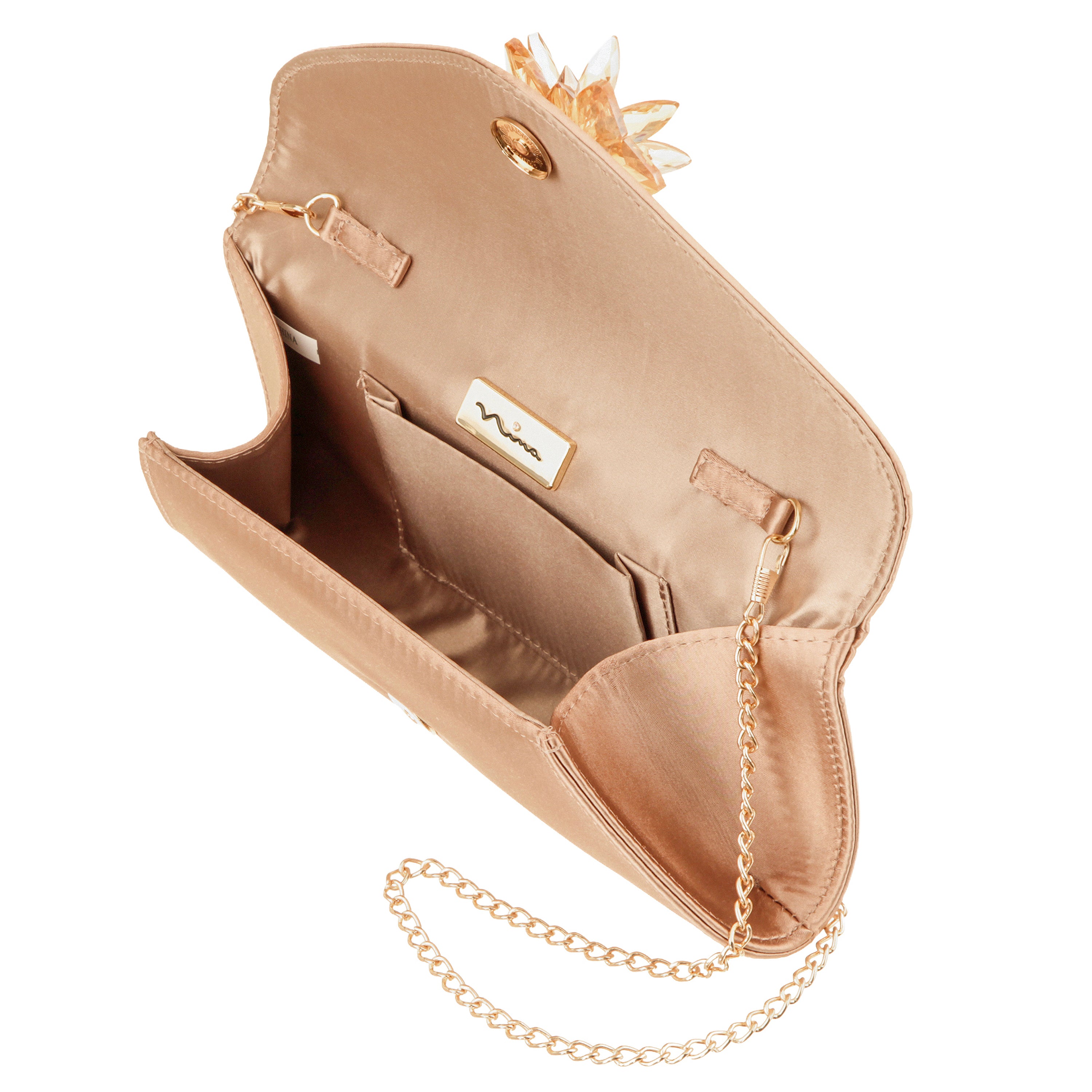 Womens Twila Brown Satin/Glass Crystal Envelope Clutch | Nina Shoes