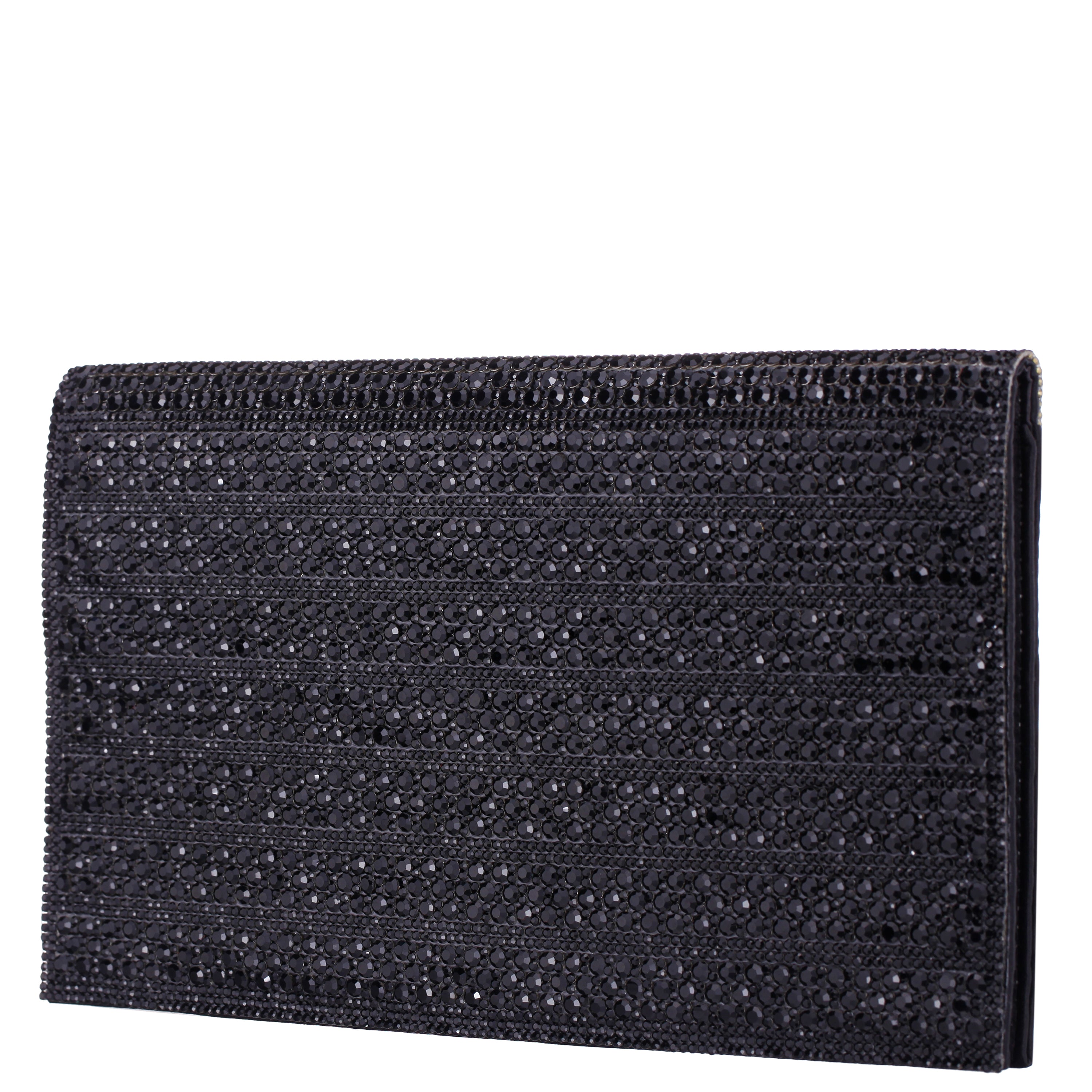 Womens Twinkle Black Glass Crystal / Satin Foldover Clutch | Nina