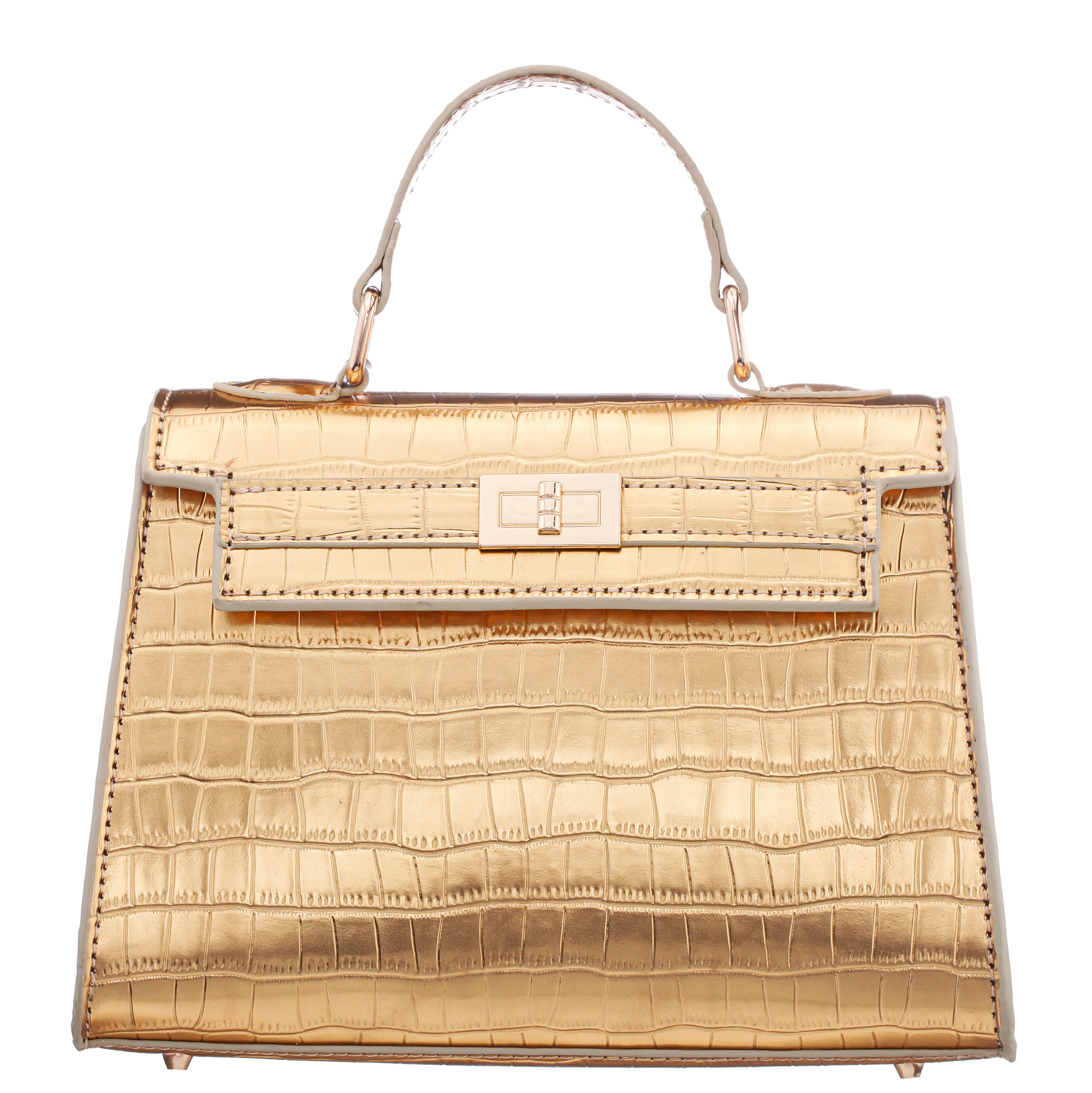 ゴールドバックス　24k コレクション Womens Udele Dark Gold Embossed Croco PU Handle Satchel | Nina Shoes