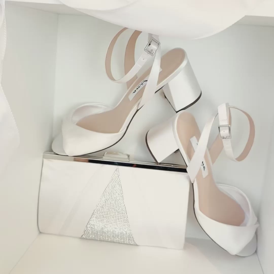 Womens Nigella White Satin Block-Heel Sandals with Ankle-Strap