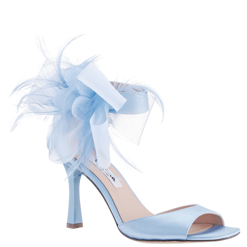 Womens Dora Sky Blue Satin Bow, Feather And Flower High-heel Dressy ...