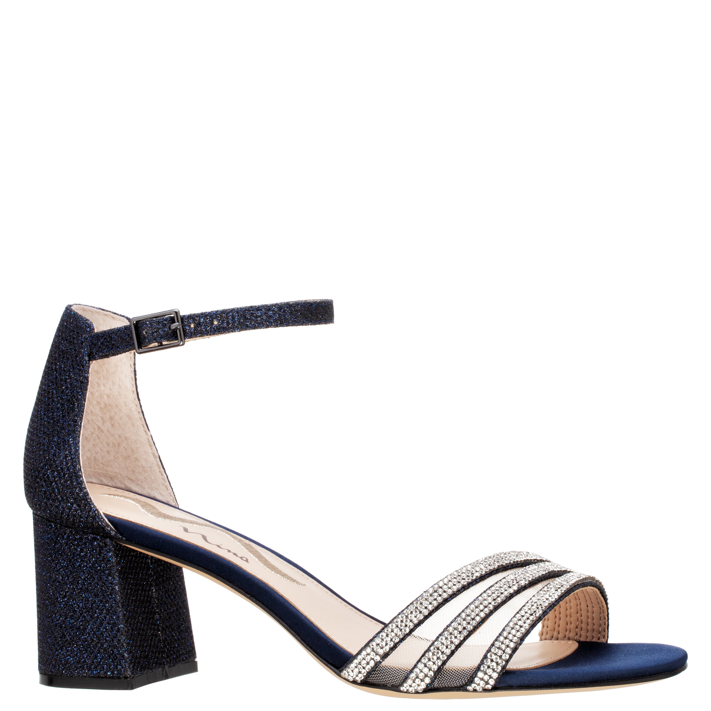 nacha　0417 Womens Nagida Navy Metallic Textured Block-Heel Sandal