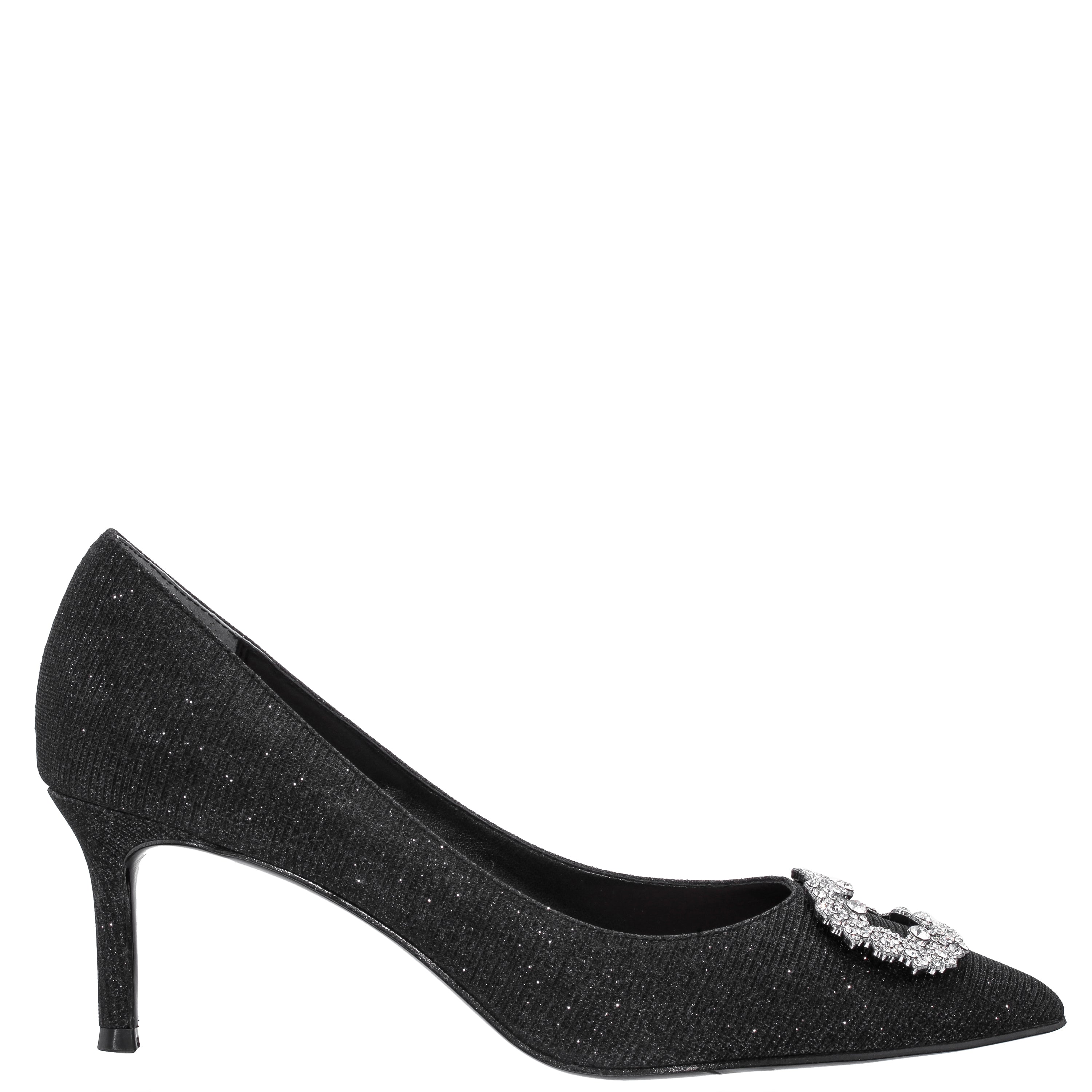 Womens Neya Black Textured Metallic Mid-Heel Pumps with Jeweled