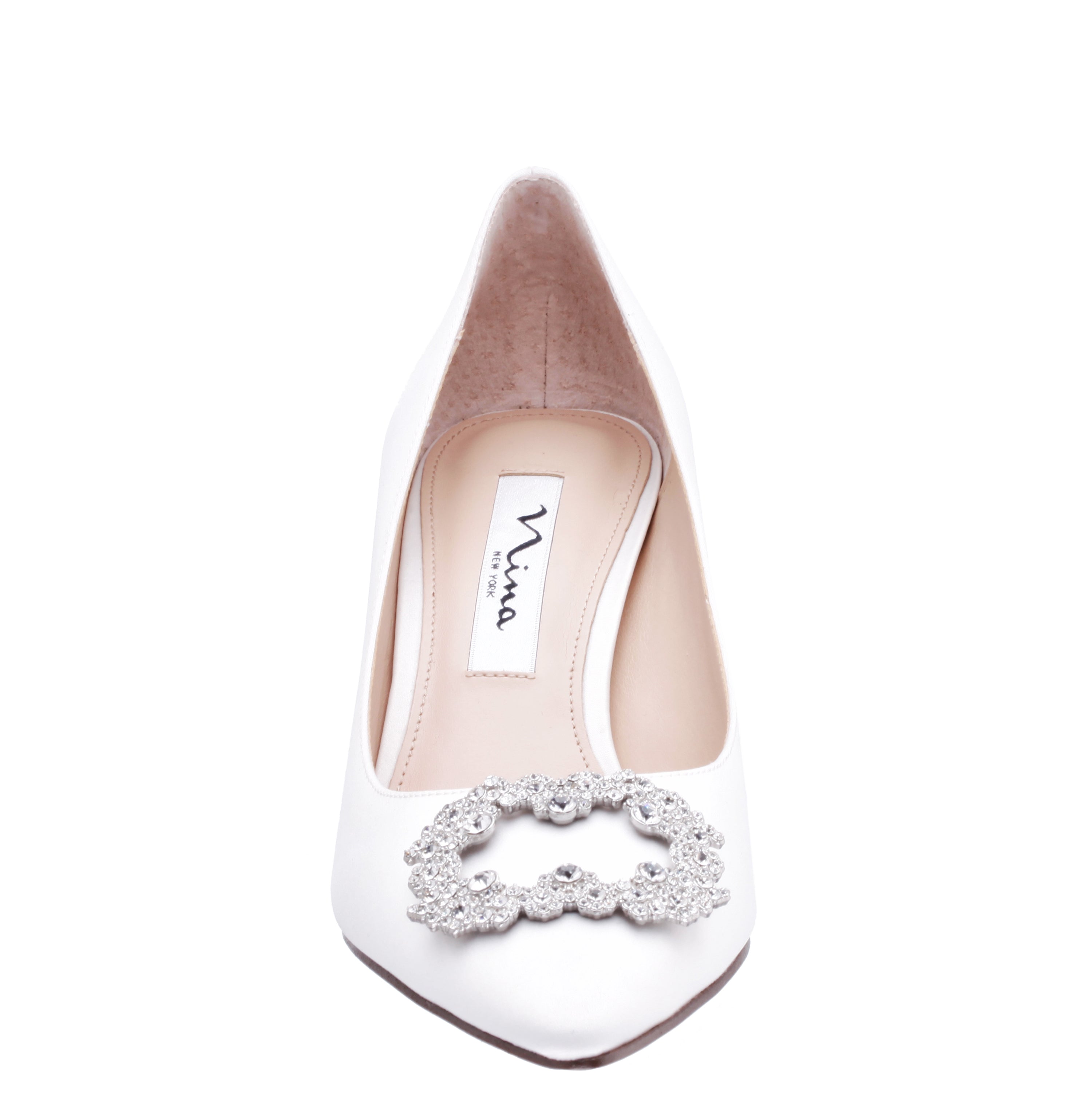 Womens Neya White Satin Mid-Heel Pumps with Jeweled Buckle | Nina