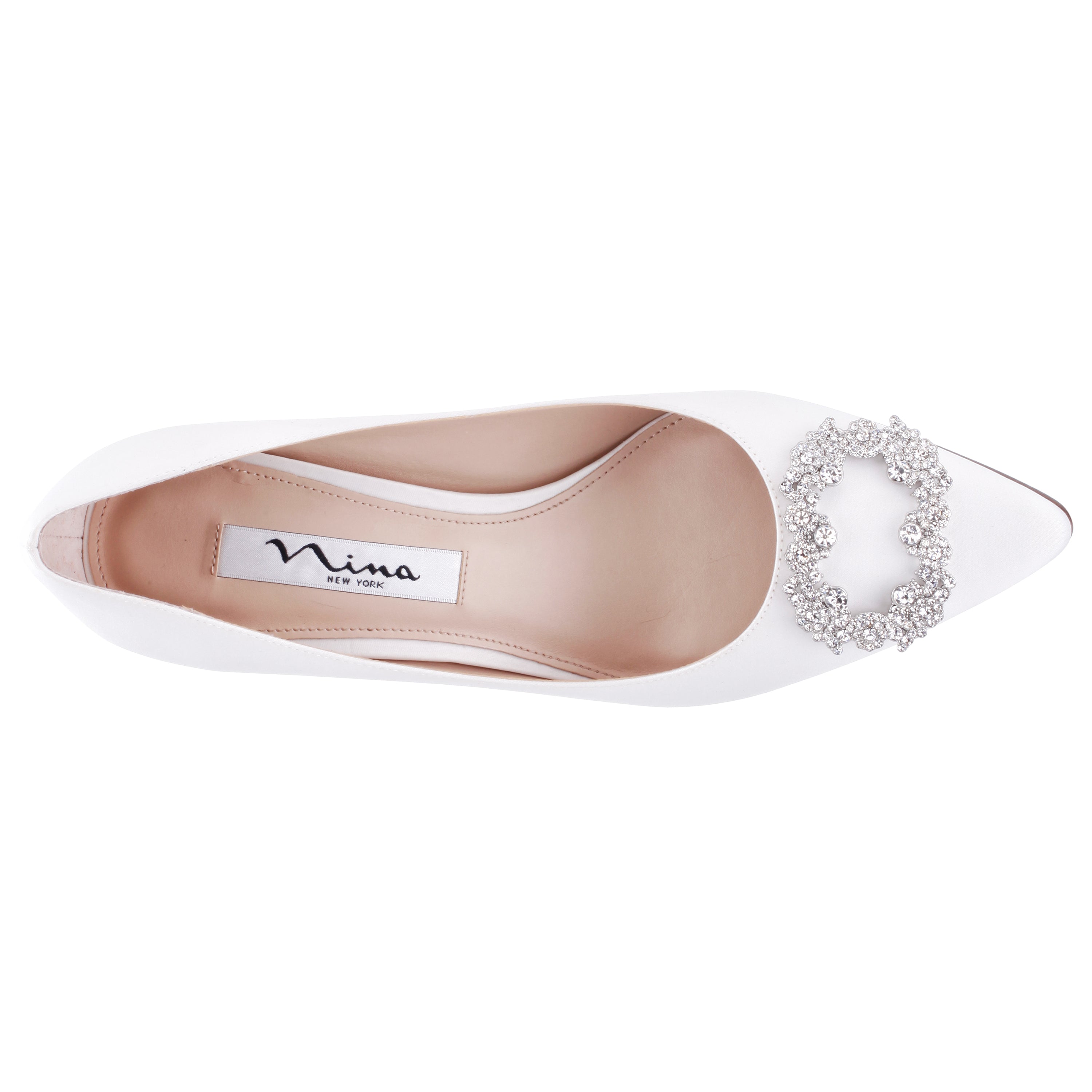 Womens Neya White Satin Mid-Heel Pumps with Jeweled Buckle | Nina