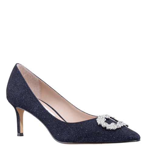 NEYA-NAVY TEXTURED METALLIC JEWELED MID-HEEL CLASSIC DRESS PUMP