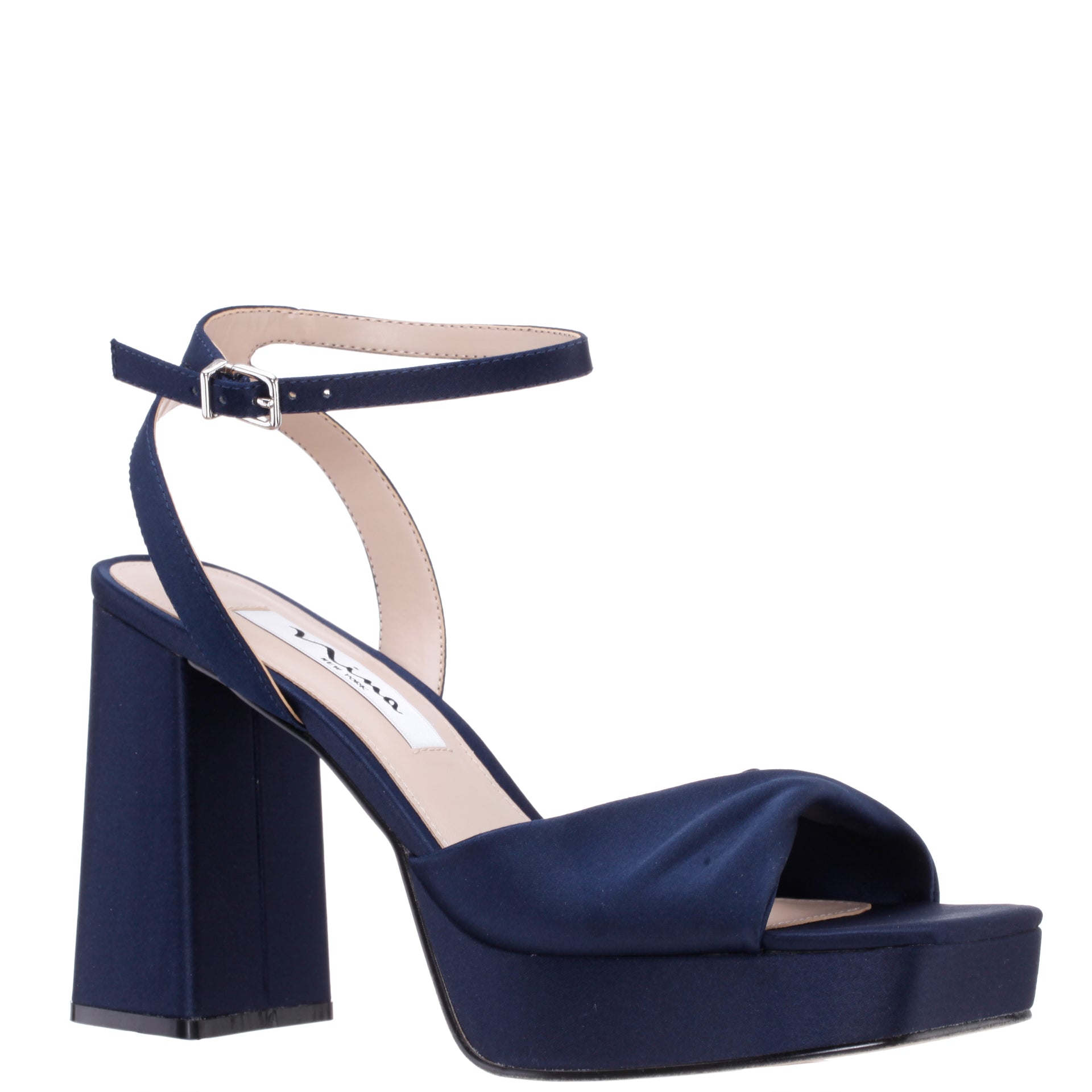 Womens Stacie Blue Satin Block-Heel Platform Sandals with Twist