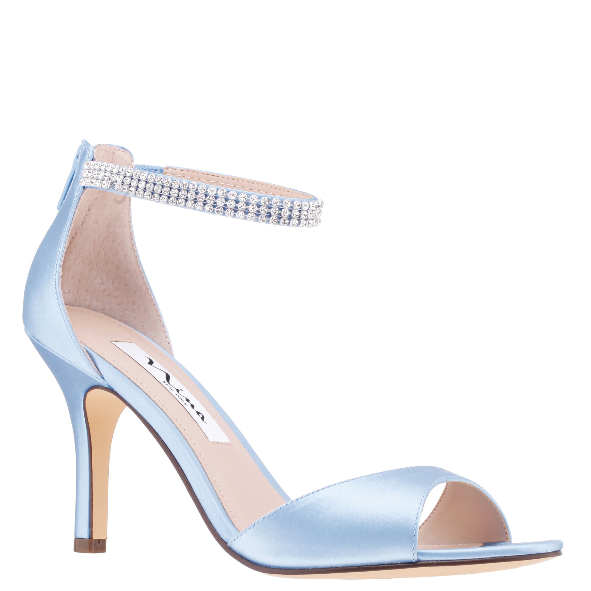 Womens Volanda Blue Satin with Crystal Ankle-Bracelet Sandals and Zipper  Entry on a Mid-Heel | Nina Shoes
